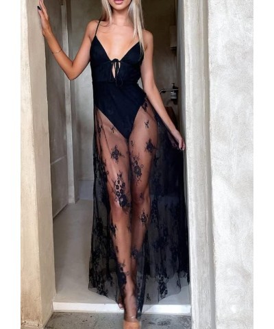 Sexy See Through Mesh Sheer Lace Patchwork Maxi Dress Perspective Ruffle Backless Long Dress Split Beach Party Wear Black 8 $...