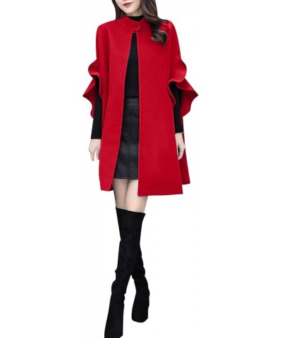 Women's Elegant Poncho Double-Breast Slit Sleeve Flowy Wool Blend Cape Cloak Coat Red $9.85 Coats