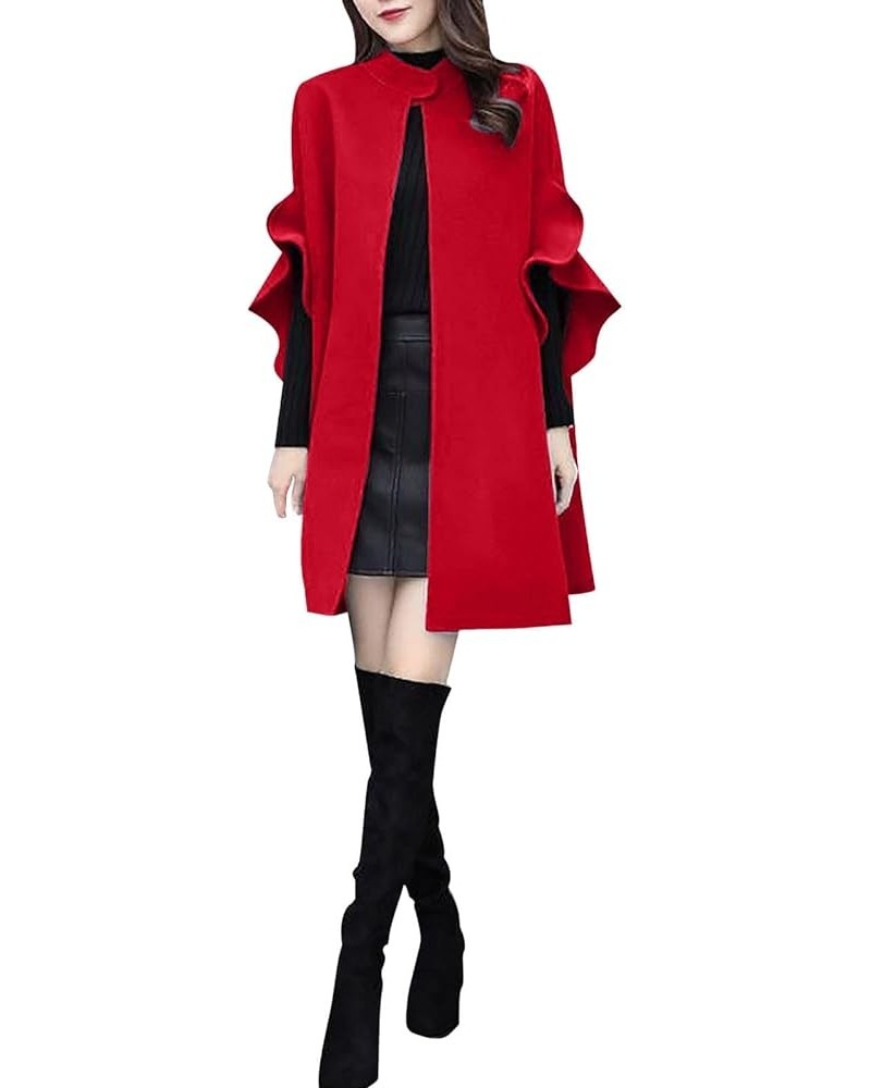 Women's Elegant Poncho Double-Breast Slit Sleeve Flowy Wool Blend Cape Cloak Coat Red $9.85 Coats