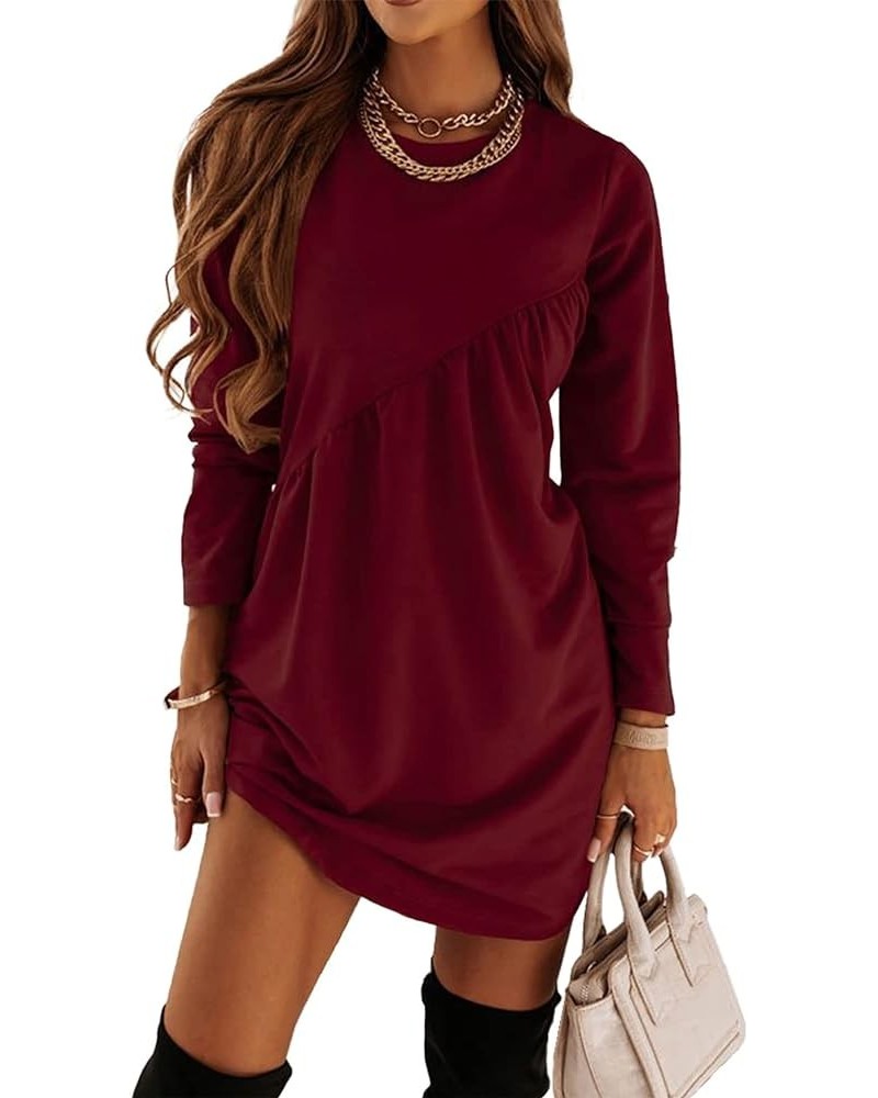 Women's Long Sleeve Mini Tunic Dress Casual Crewneck Loose Flowy Shift Ruched Dresses Wine Red $24.35 Dresses