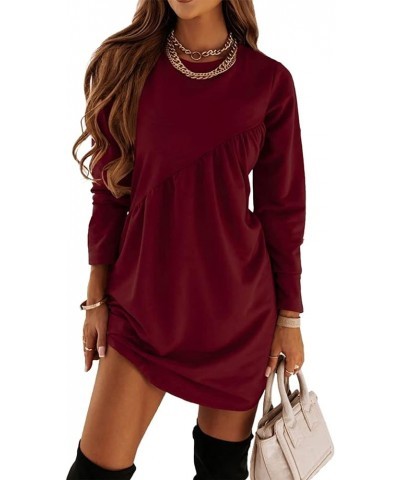 Women's Long Sleeve Mini Tunic Dress Casual Crewneck Loose Flowy Shift Ruched Dresses Wine Red $24.35 Dresses