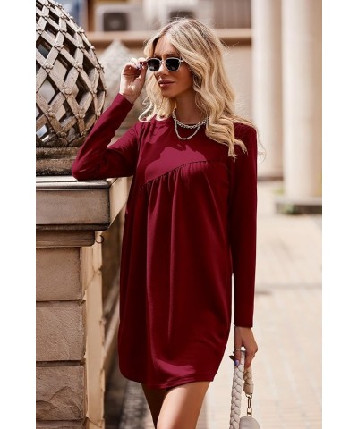 Women's Long Sleeve Mini Tunic Dress Casual Crewneck Loose Flowy Shift Ruched Dresses Wine Red $24.35 Dresses