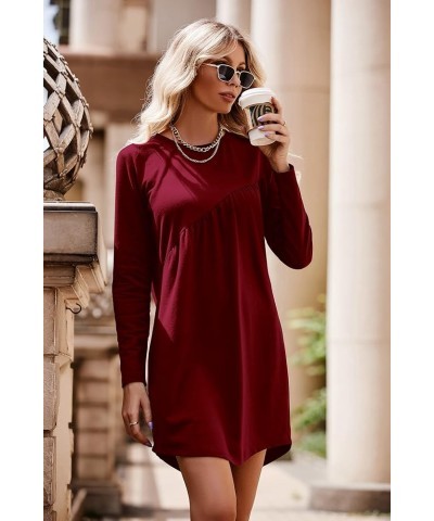 Women's Long Sleeve Mini Tunic Dress Casual Crewneck Loose Flowy Shift Ruched Dresses Wine Red $24.35 Dresses