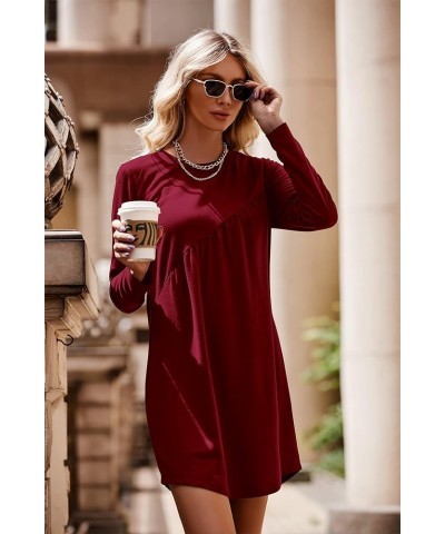 Women's Long Sleeve Mini Tunic Dress Casual Crewneck Loose Flowy Shift Ruched Dresses Wine Red $24.35 Dresses