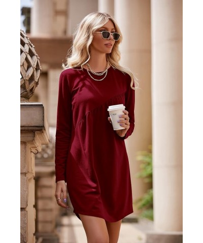 Women's Long Sleeve Mini Tunic Dress Casual Crewneck Loose Flowy Shift Ruched Dresses Wine Red $24.35 Dresses