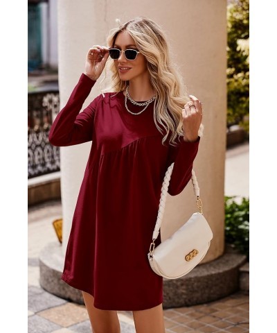 Women's Long Sleeve Mini Tunic Dress Casual Crewneck Loose Flowy Shift Ruched Dresses Wine Red $24.35 Dresses