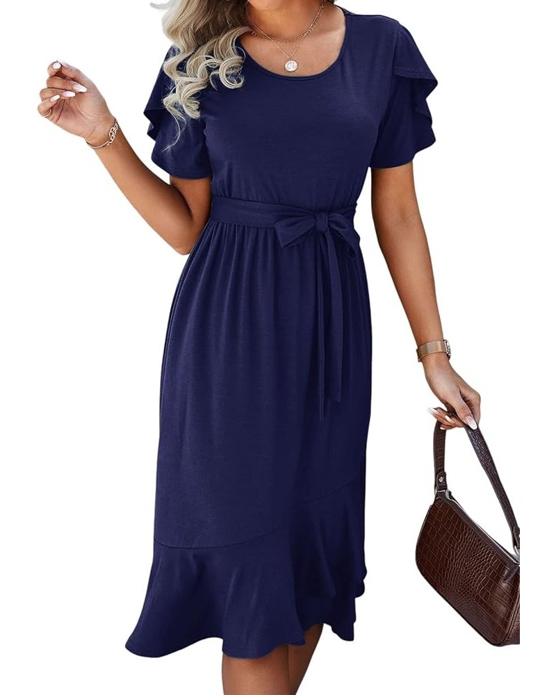 Womens 2023 Summer Dresses Casual Wrap Crew Neck Short Sleeve Belt A-Line Ruffle Hem Bohemian Midi Dress A Blue $16.27 Dresses