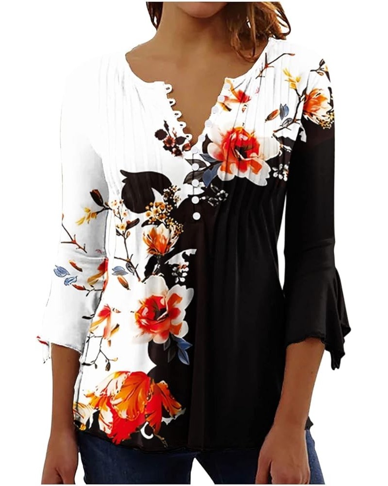 Bohemian Tops for Women Trendy 2023 Sexy Elegant t-Shirt Boho Floral Print 3/4 Bell Sleeve v Neck Shirts Blouse 02 Black $8.1...