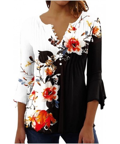 Bohemian Tops for Women Trendy 2023 Sexy Elegant t-Shirt Boho Floral Print 3/4 Bell Sleeve v Neck Shirts Blouse 02 Black $8.1...