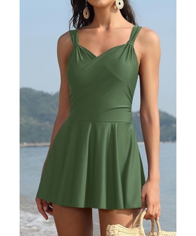 Womens Elegant One Piece Swimdress Tummy Control Crossover Skirted Swimsuit Olive Green $21.10 Swimsuits