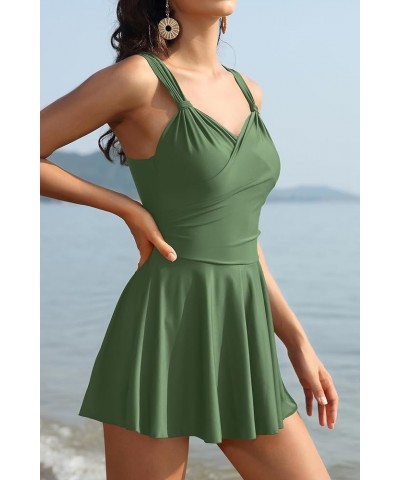 Womens Elegant One Piece Swimdress Tummy Control Crossover Skirted Swimsuit Olive Green $21.10 Swimsuits