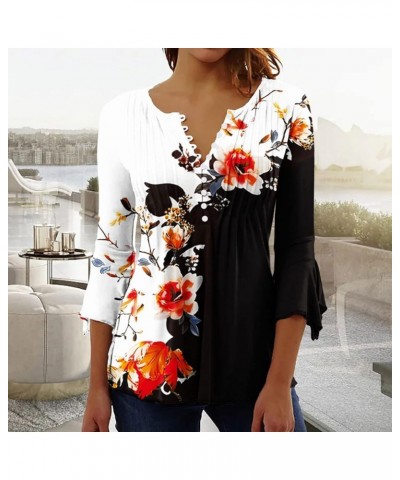 Bohemian Tops for Women Trendy 2023 Sexy Elegant t-Shirt Boho Floral Print 3/4 Bell Sleeve v Neck Shirts Blouse 02 Black $8.1...