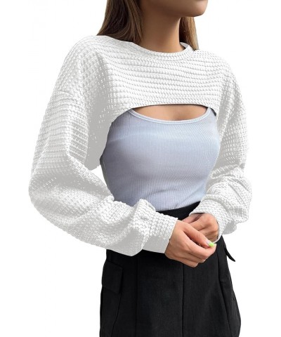 Women's Crop Cover Up Long Sleeve Pointelle Knit Hollow Out Crochet See Through Knit Top White $17.09 Sweaters