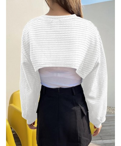 Women's Crop Cover Up Long Sleeve Pointelle Knit Hollow Out Crochet See Through Knit Top White $17.09 Sweaters