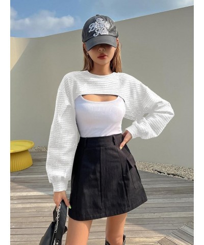 Women's Crop Cover Up Long Sleeve Pointelle Knit Hollow Out Crochet See Through Knit Top White $17.09 Sweaters