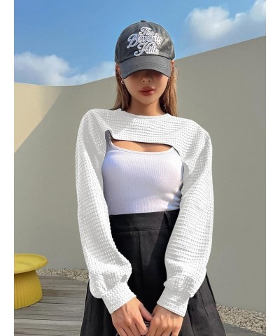 Women's Crop Cover Up Long Sleeve Pointelle Knit Hollow Out Crochet See Through Knit Top White $17.09 Sweaters