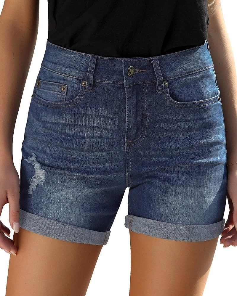 Women's Casual High Waisted Distressed Shorts Folded Hem Stretch Jean Denim Shorts Light Blue $17.55 Shorts