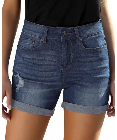 Women's Casual High Waisted Distressed Shorts Folded Hem Stretch Jean Denim Shorts Light Blue $17.55 Shorts