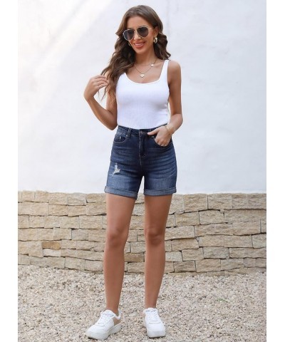 Women's Casual High Waisted Distressed Shorts Folded Hem Stretch Jean Denim Shorts Light Blue $17.55 Shorts