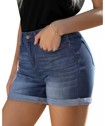 Women's Casual High Waisted Distressed Shorts Folded Hem Stretch Jean Denim Shorts Light Blue $17.55 Shorts