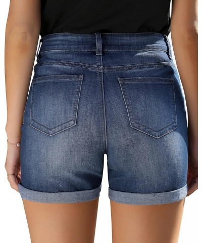 Women's Casual High Waisted Distressed Shorts Folded Hem Stretch Jean Denim Shorts Light Blue $17.55 Shorts