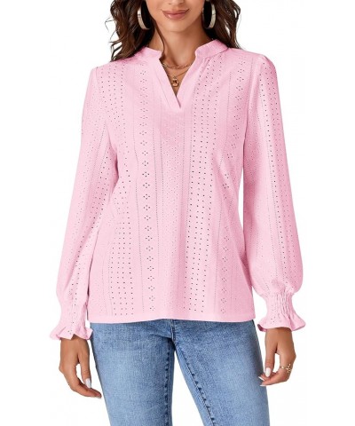 Women's Casual Eyelet Notch V Neck Puff Long Sleeve Top Shirt Blouse Pink $16.19 Blouses