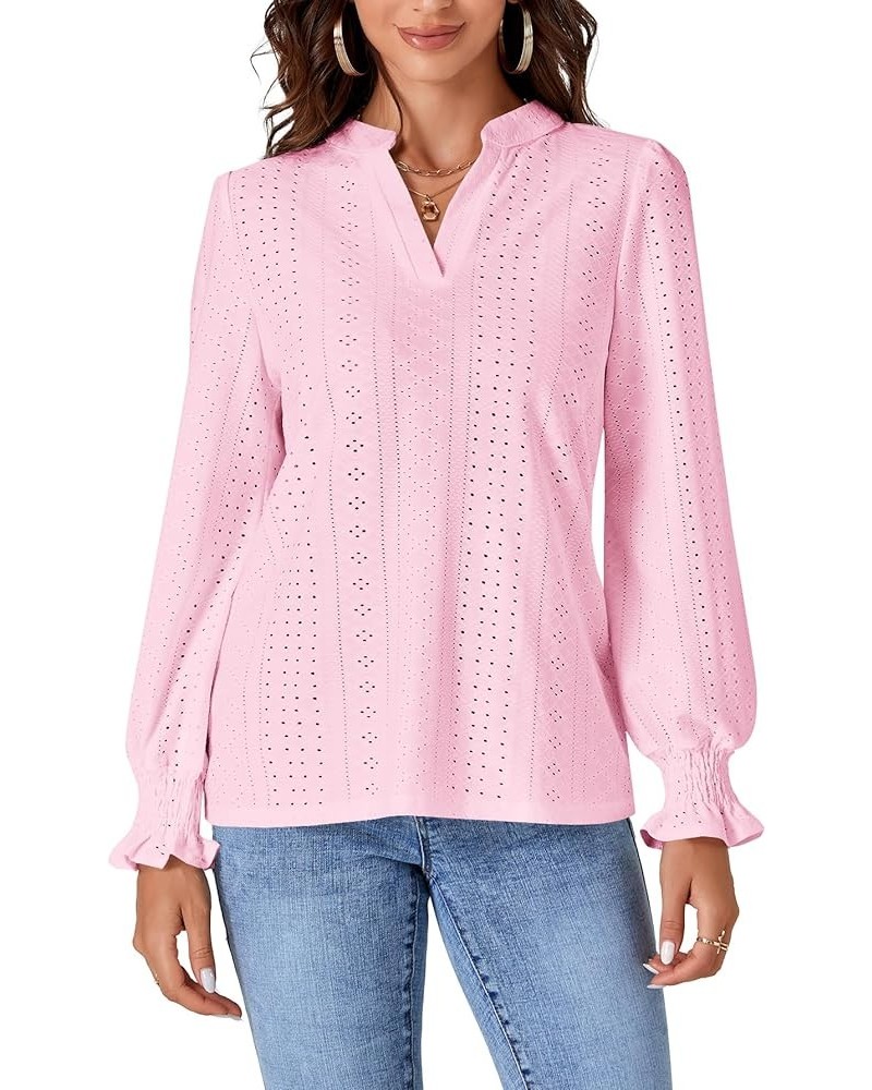 Women's Casual Eyelet Notch V Neck Puff Long Sleeve Top Shirt Blouse Pink $16.19 Blouses