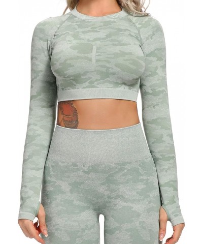 Women Workout Crop Top Seamless Shirt Athletic Long Sleeve Fitness Tight Tee C Camo Green $12.31 Activewear