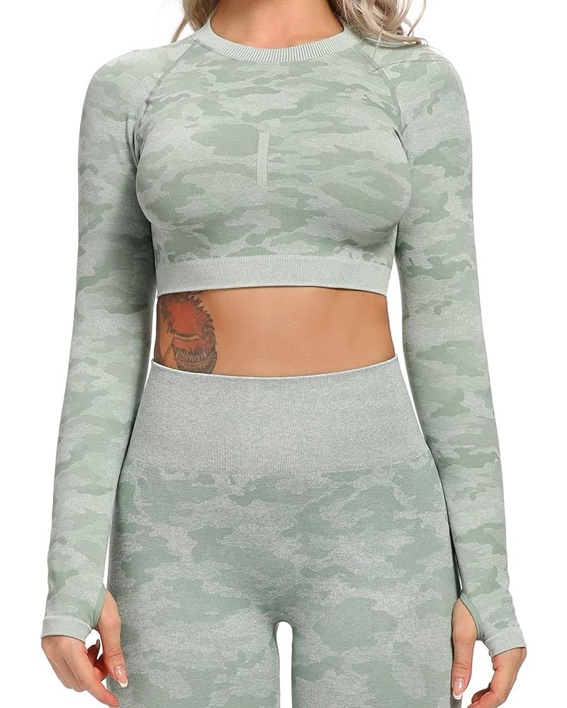 Women Workout Crop Top Seamless Shirt Athletic Long Sleeve Fitness Tight Tee C Camo Green $12.31 Activewear