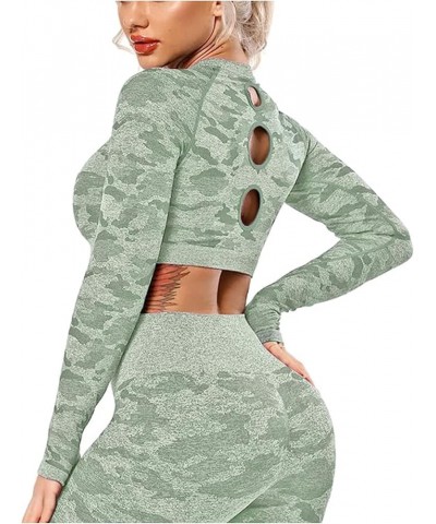 Women Workout Crop Top Seamless Shirt Athletic Long Sleeve Fitness Tight Tee C Camo Green $12.31 Activewear