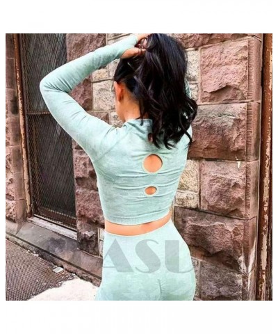 Women Workout Crop Top Seamless Shirt Athletic Long Sleeve Fitness Tight Tee C Camo Green $12.31 Activewear