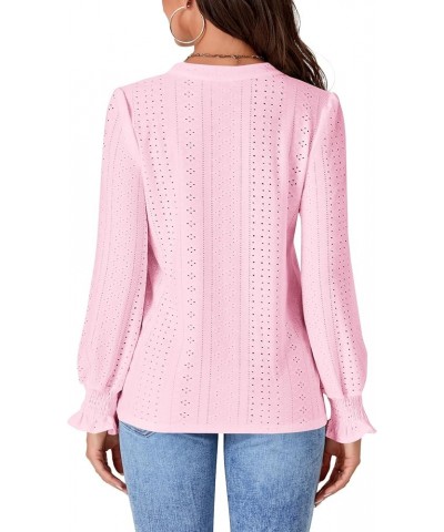 Women's Casual Eyelet Notch V Neck Puff Long Sleeve Top Shirt Blouse Pink $16.19 Blouses