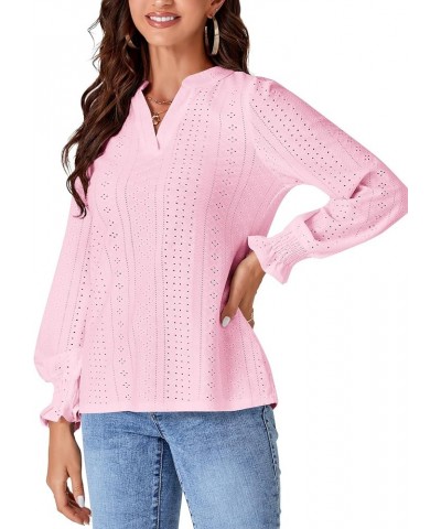 Women's Casual Eyelet Notch V Neck Puff Long Sleeve Top Shirt Blouse Pink $16.19 Blouses