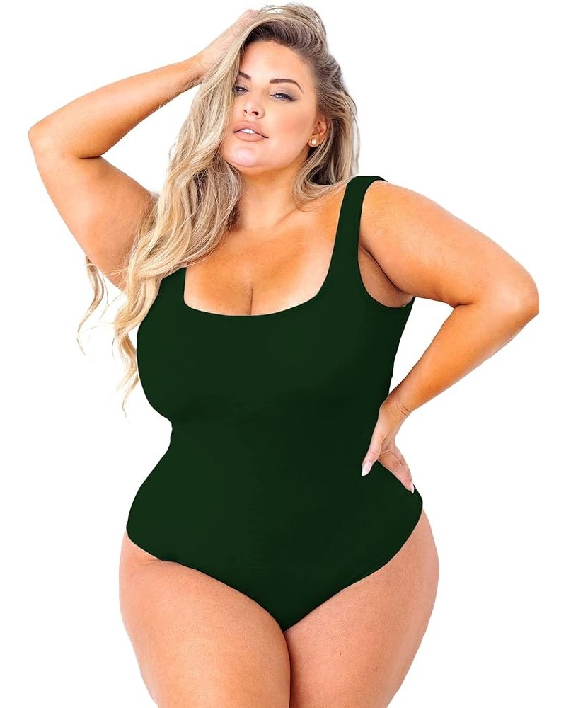 Women's Plus Size Outfits Sleeveness Tank Top Bodysuit Square Neck S-5xl Dark Green $15.60 Lingerie