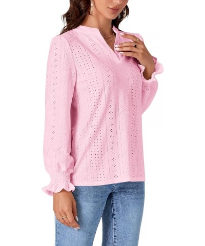 Women's Casual Eyelet Notch V Neck Puff Long Sleeve Top Shirt Blouse Pink $16.19 Blouses