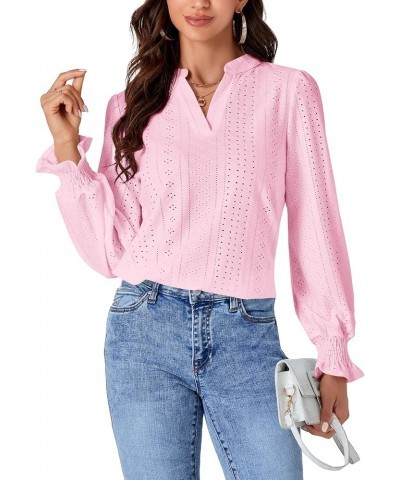 Women's Casual Eyelet Notch V Neck Puff Long Sleeve Top Shirt Blouse Pink $16.19 Blouses