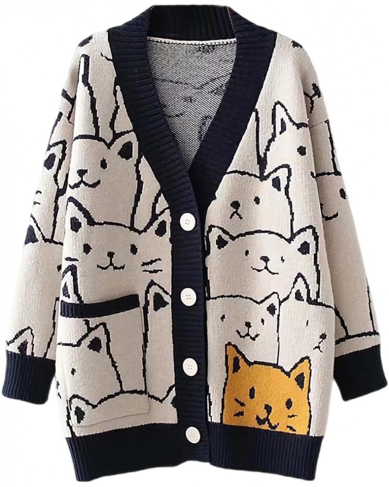 Cardigan for Women Cat Sweaters for Women Women's Autumn and Winter Button Sweater Knitted Cardigan Fun Cardigan A-navy Blue ...