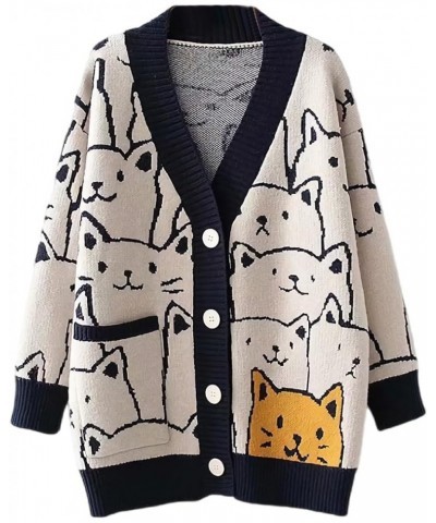 Cardigan for Women Cat Sweaters for Women Women's Autumn and Winter Button Sweater Knitted Cardigan Fun Cardigan A-navy Blue ...