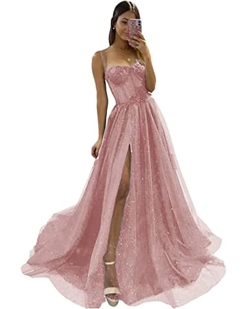 Women's Glitter Tulle 3D Flower Spaghetti Straps Prom Dresses Long Split Evening Party Gowns Dusty Rose $27.95 Dresses