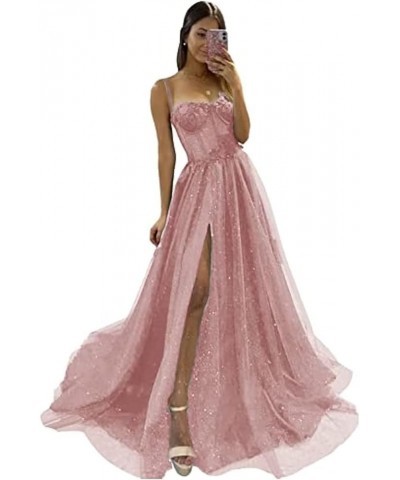 Women's Glitter Tulle 3D Flower Spaghetti Straps Prom Dresses Long Split Evening Party Gowns Dusty Rose $27.95 Dresses