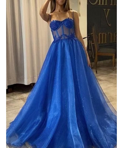 Women's Glitter Tulle 3D Flower Spaghetti Straps Prom Dresses Long Split Evening Party Gowns Dusty Rose $27.95 Dresses