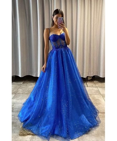 Women's Glitter Tulle 3D Flower Spaghetti Straps Prom Dresses Long Split Evening Party Gowns Dusty Rose $27.95 Dresses