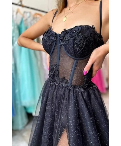 Women's Glitter Tulle 3D Flower Spaghetti Straps Prom Dresses Long Split Evening Party Gowns Dusty Rose $27.95 Dresses