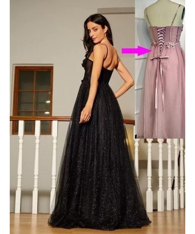 Women's Glitter Tulle 3D Flower Spaghetti Straps Prom Dresses Long Split Evening Party Gowns Dusty Rose $27.95 Dresses