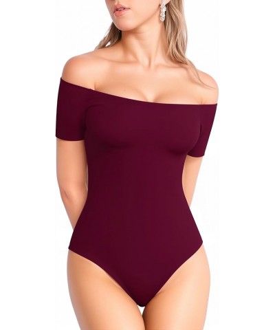 Off The Shoulder Long Sleeve Short Sleeve Bodysuit for Women Short Sleeve Burgundy $13.20 Bodysuits