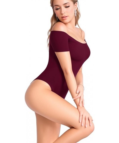 Off The Shoulder Long Sleeve Short Sleeve Bodysuit for Women Short Sleeve Burgundy $13.20 Bodysuits