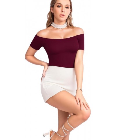 Off The Shoulder Long Sleeve Short Sleeve Bodysuit for Women Short Sleeve Burgundy $13.20 Bodysuits