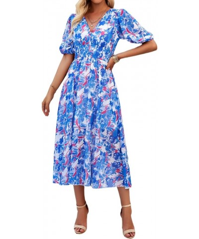 Women's Boho Floral Print Square Neck Beach Party Flowy Ruffle Midi Dress G-blue $17.33 Dresses