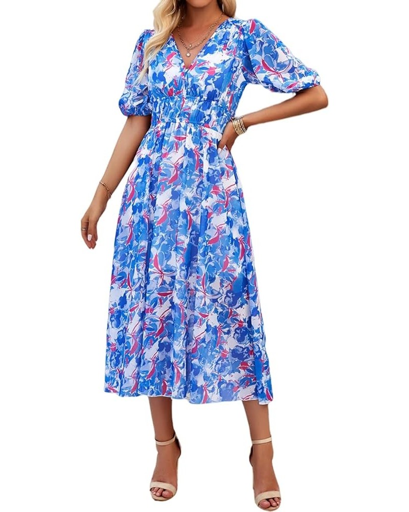 Women's Boho Floral Print Square Neck Beach Party Flowy Ruffle Midi Dress G-blue $17.33 Dresses