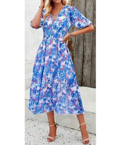 Women's Boho Floral Print Square Neck Beach Party Flowy Ruffle Midi Dress G-blue $17.33 Dresses